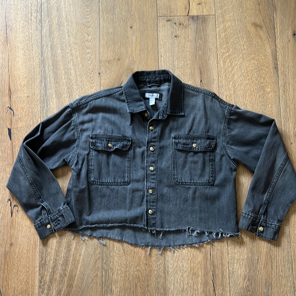 Cropped Dark Grey Denim Jean Jacket - Raw Edge